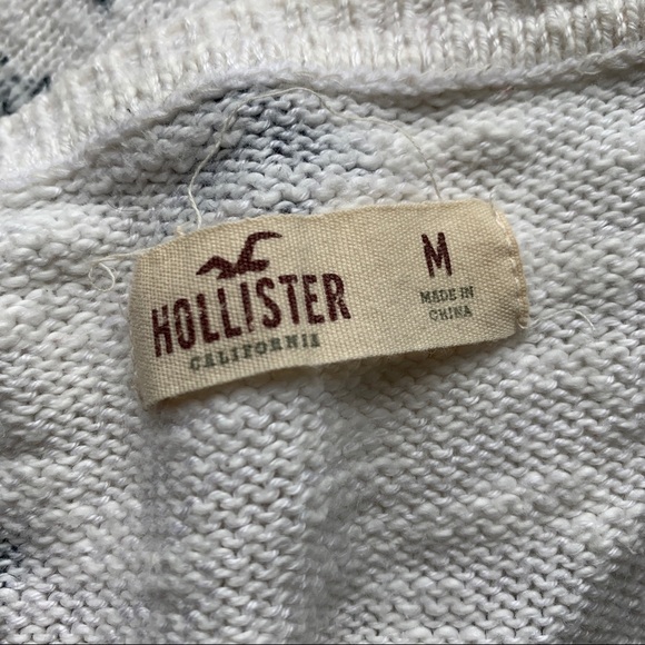Hollister // White Open Knit Sweater Grey Stars All Over Long Sleeves Medium - Picture 9 of 10